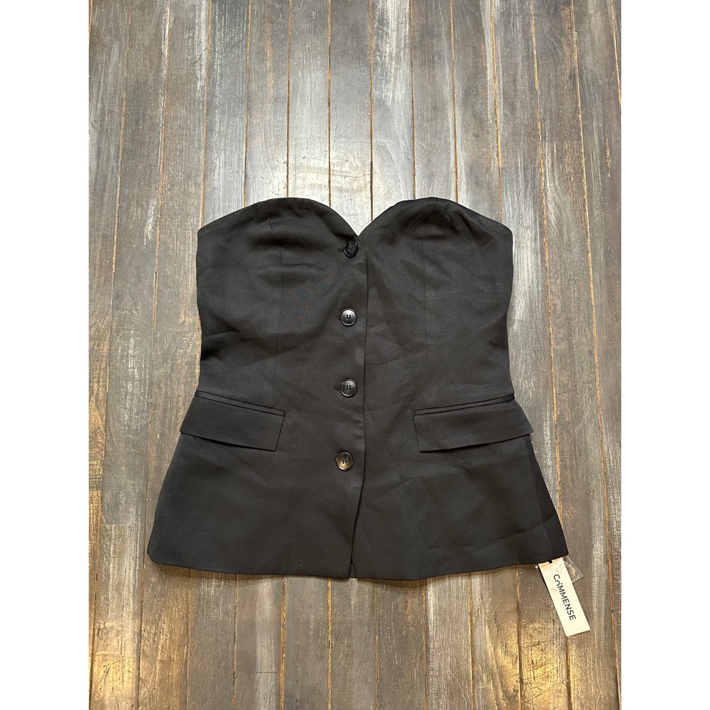 Commense Black Strapless Corset Top Sweetheart Button Front Blazer Vest